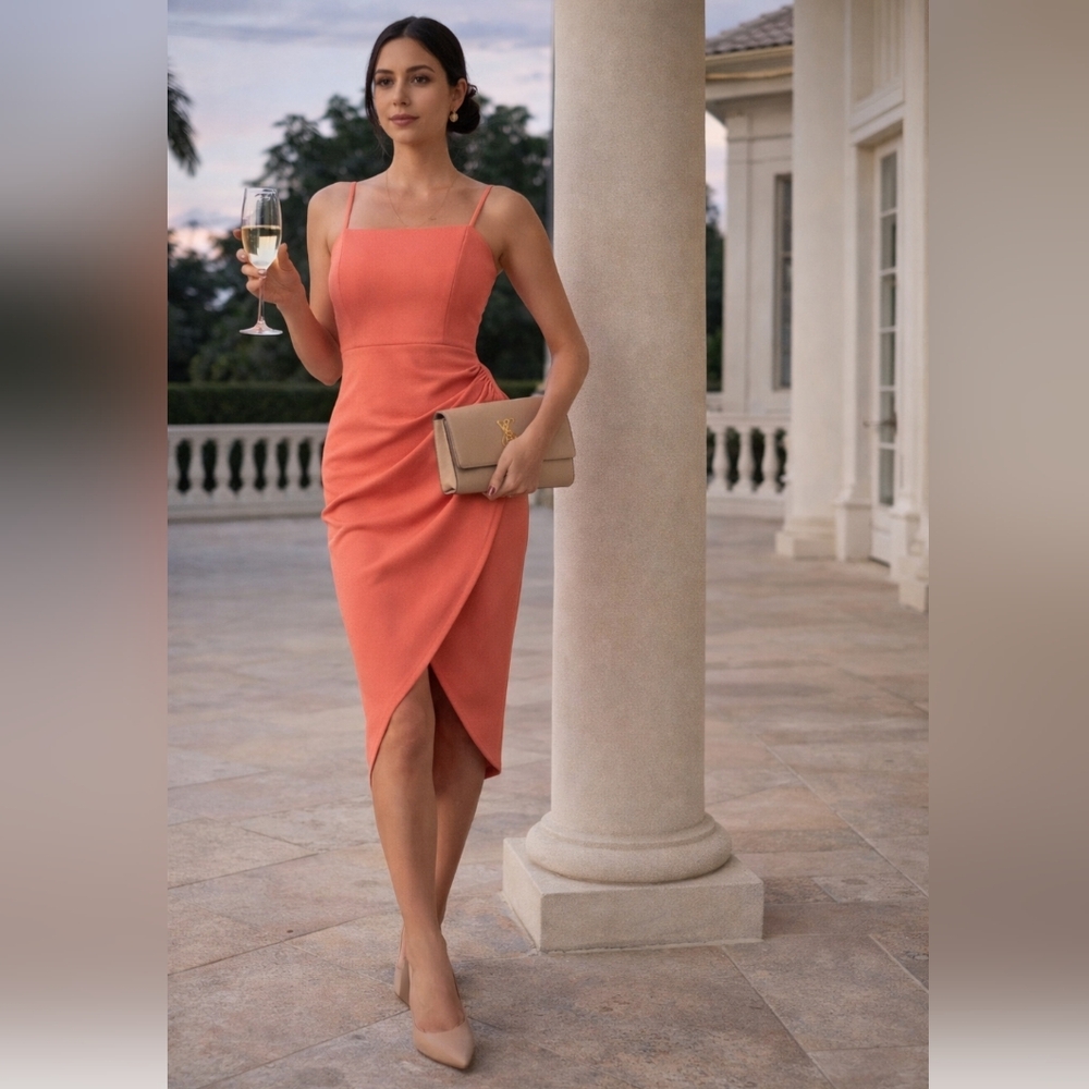 Laundry By Shelli Segal Ruched Midi Cocktail Dress Tulip Assymetrical Hem Coral